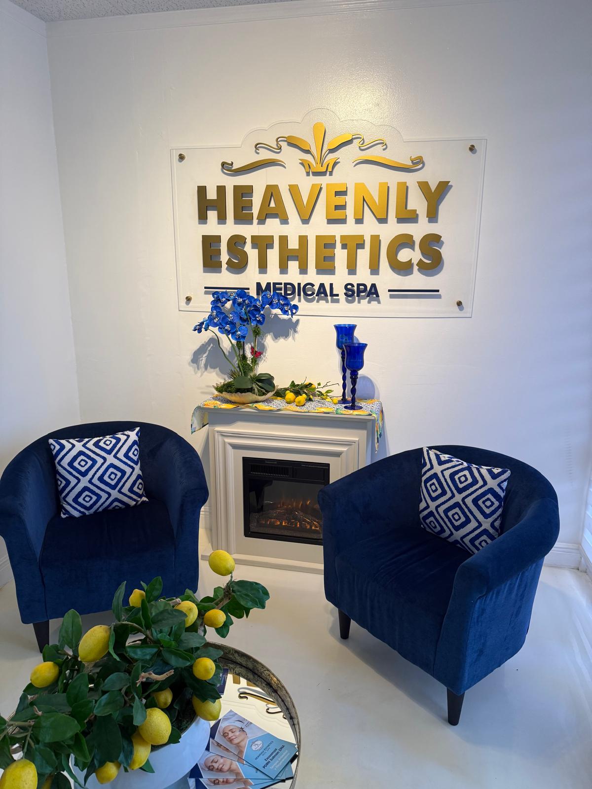 The Heavenly Esthetics reception lounge with the gold Medical Spa sign