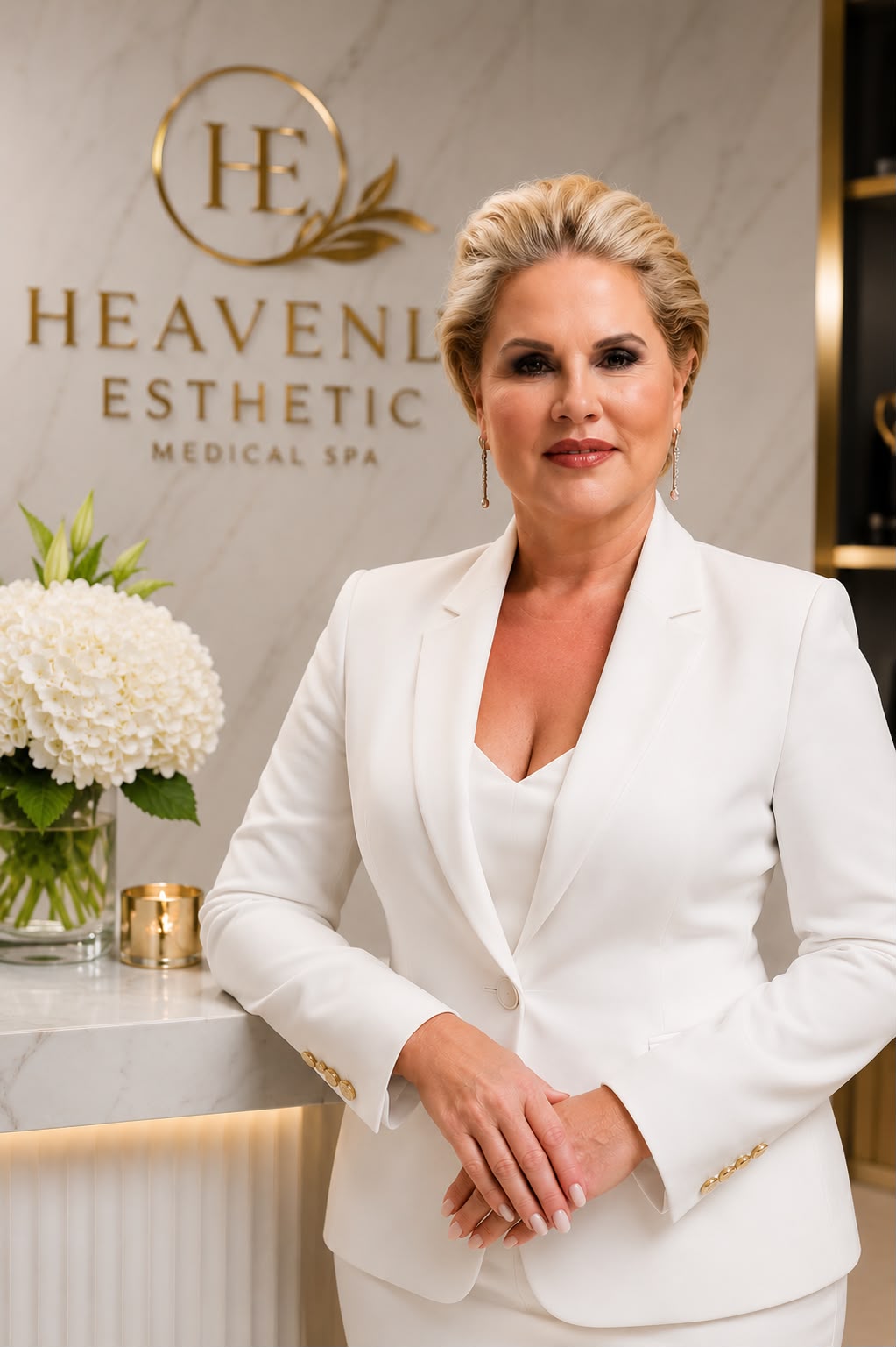 Marlene López del Castillo, founder of Heavenly Esthetics, at the reception in a white suit